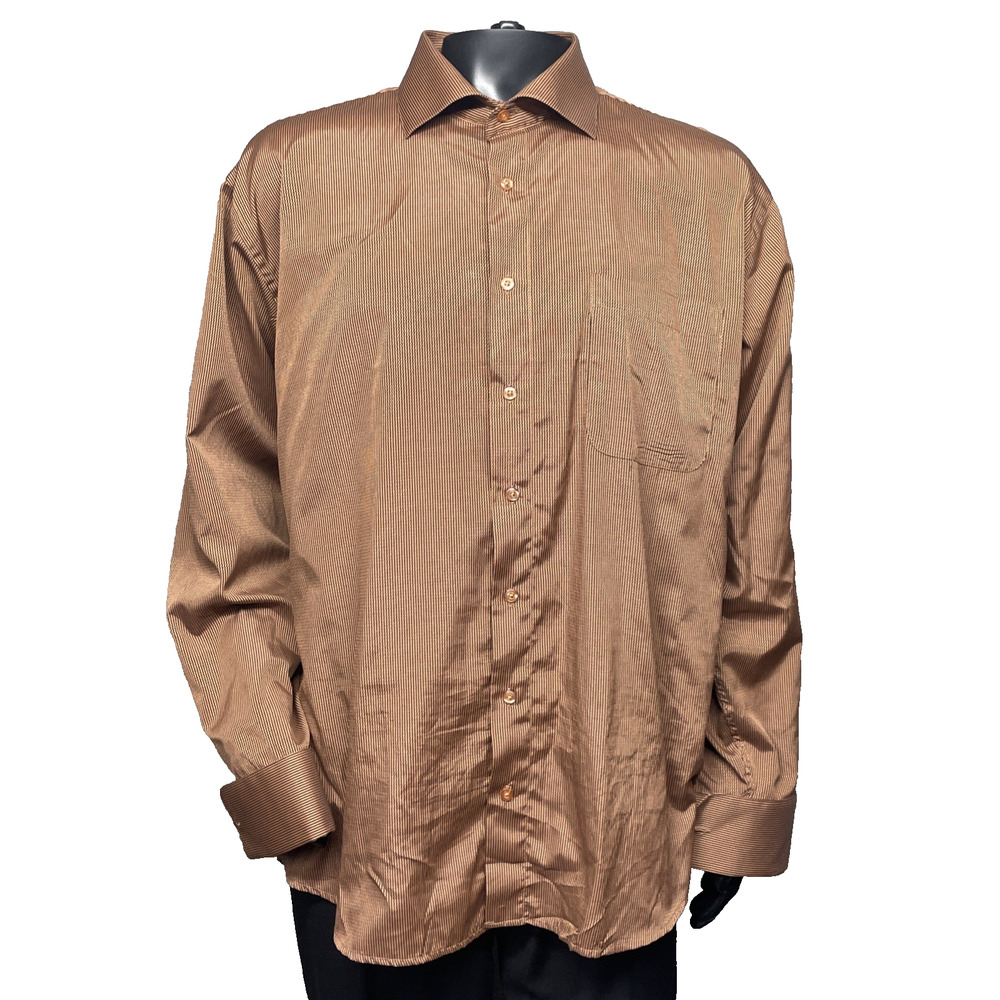 Karl Knox Men 18.5-36/37 Dress Shirt Brown Pin Stripe Btn Up Pastor Statement Pc